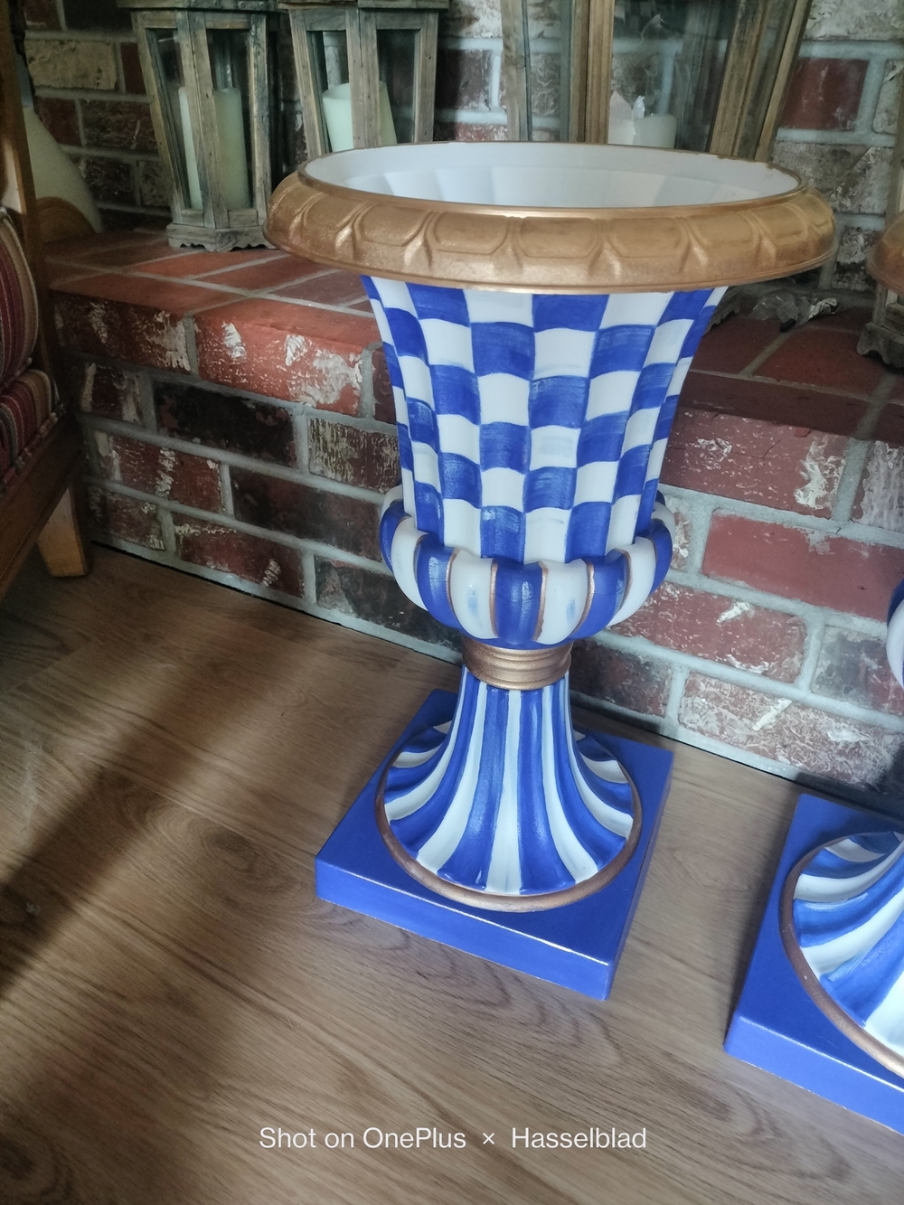 Pair (2) Of Checkered Multi-Color Urn Planters 20 X 12" Hand Painted By Me - Picture 3 of 4